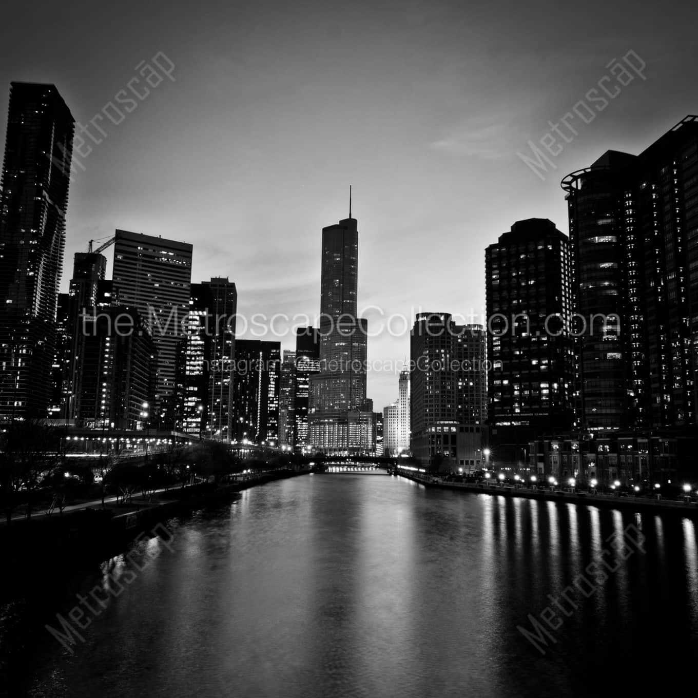 Trump Tower Chicago River black and white: Square crop
